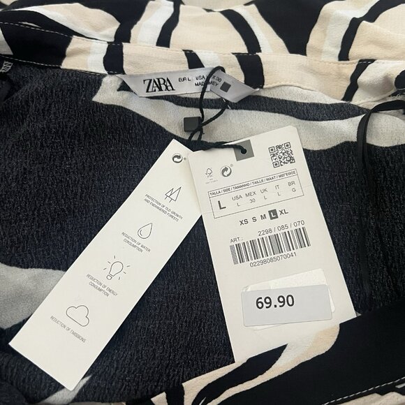 NWT Zara Ecru Black White Printed Ruched Detail Button Front Maxi Dress Womens L - Picture 4 of 5
